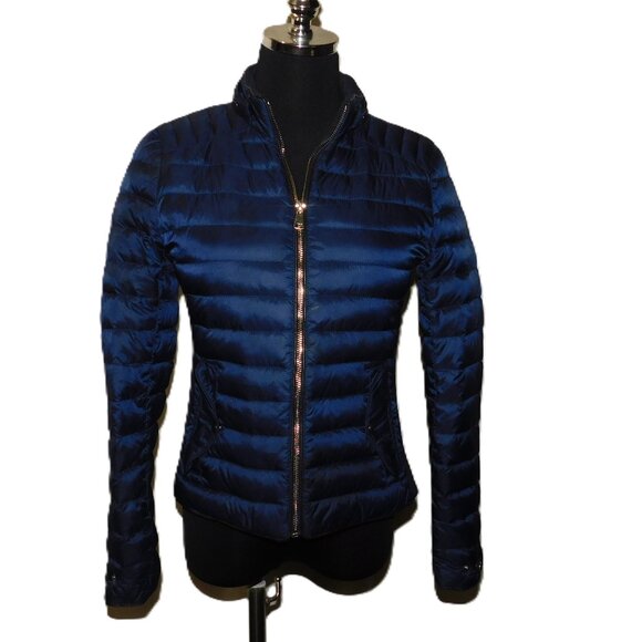Zara Woman Down Puffer Jacket Navy Blue With Gold Tone Hardware Size Small - Picture 1 of 9